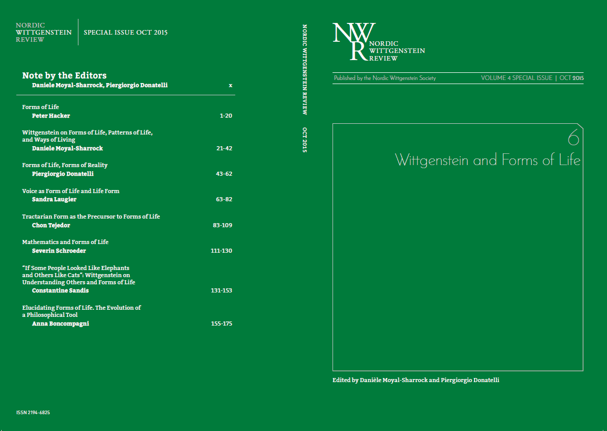 					View SPECIAL ISSUE (Oct 2015), Wittgenstein and Forms of Life (guest editors D. Moyal-Sharrock and P. Donatelli).
				