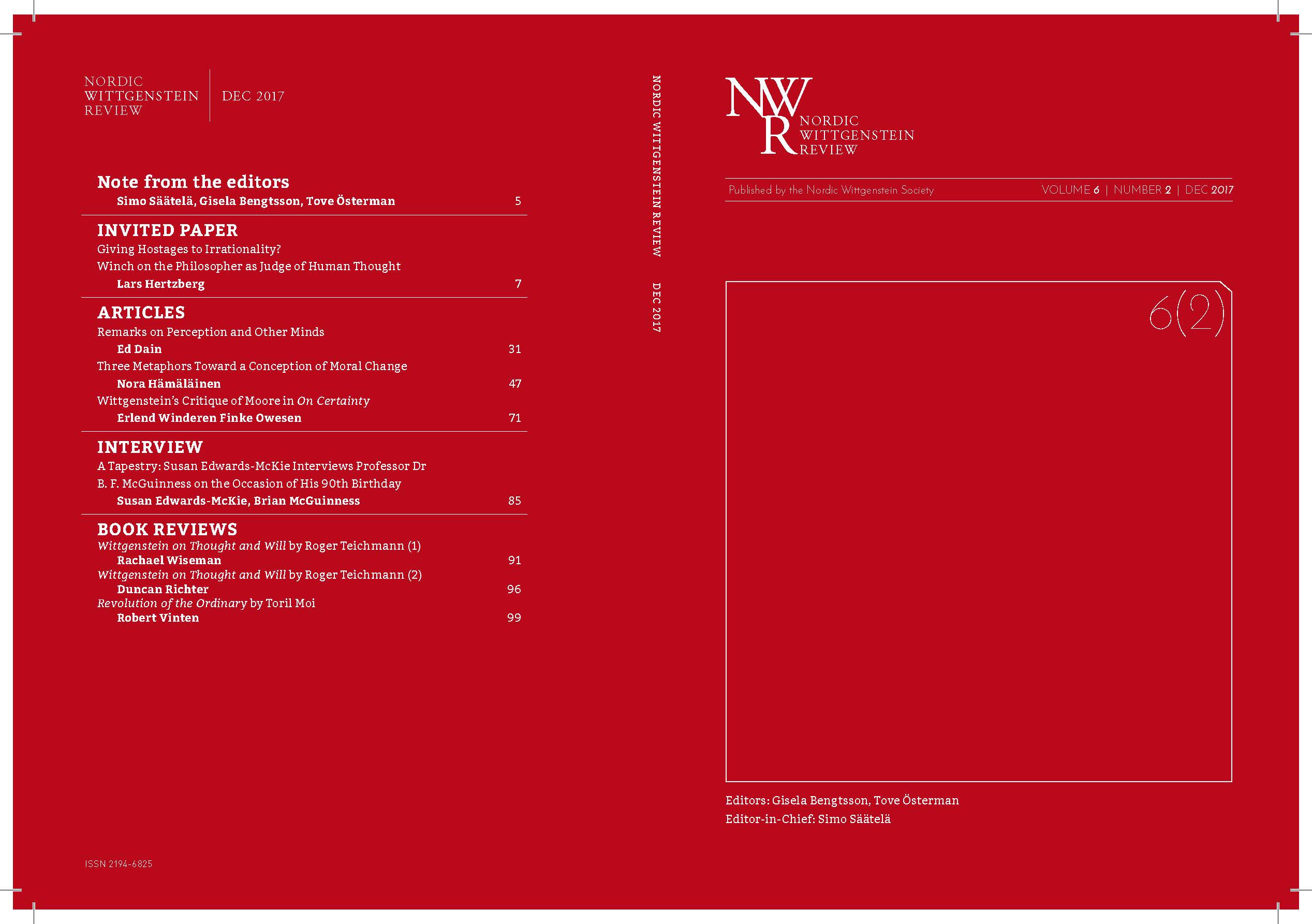 					View Vol. 6 No. 2 (2017): Volume 6 / Number 2 (December 2017) Volume 7 / Number 2 (December 2018) S. Säätelä, G. Bengtsson, T. Österman (eds.); A. Pichler (from the Archives); M. Gustafsson (book reviews)
				